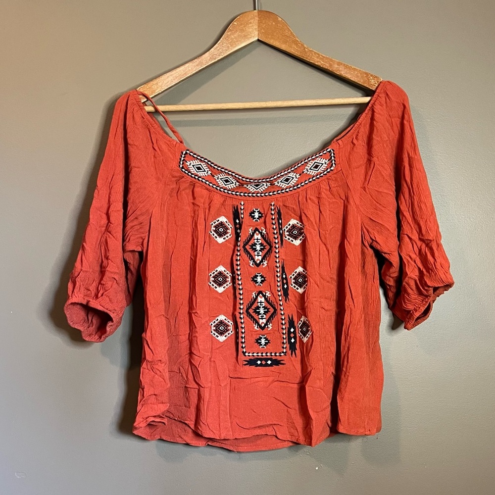 bleuh ciel Rust Blouse with Embroidered Details